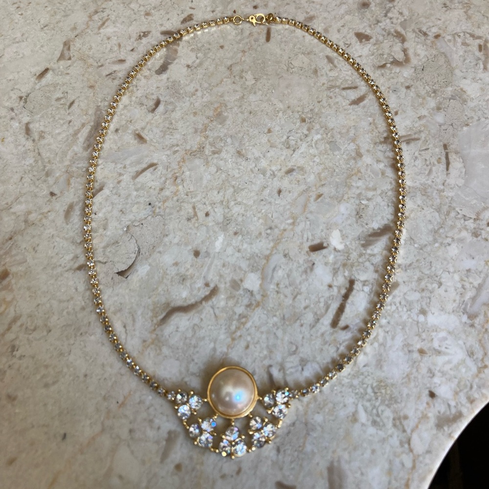 Monet Vintage Gold Tone & Pearl, Crystal Necklace - Picture 3 of 8